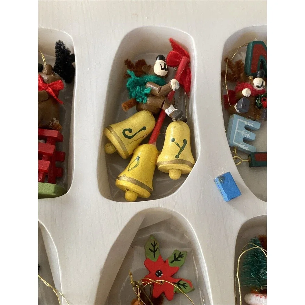 12 Vintage Painted Wooden MOOSE THEMED Christmas Ornaments Bottle Brush Animals
